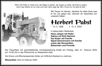 Traueranzeige von Herbert Pabst von Südthüringer Presse