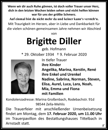 Traueranzeige von Brigitte Diller von Südthüringer Presse