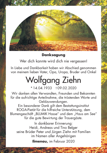 Traueranzeige von Wolfgang Ziehn von Südthüringer Presse