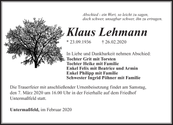 Traueranzeige von Klaus Lehmann von Südthüringer Presse