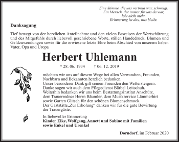Traueranzeige von Herbert Uhlemann von Südthüringer Presse