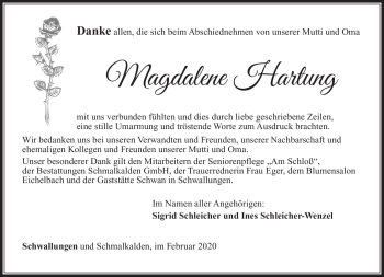 Traueranzeige von Magdalene Hartung von Südthüringer Presse
