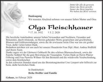 Traueranzeige von Olga Fleischhauer von Südthüringer Presse