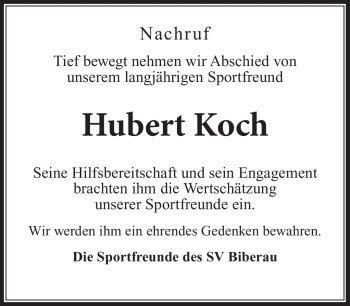 Traueranzeige von Hubert Koch von Südthüringer Presse