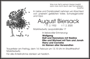 Traueranzeige von August Biersack von Frankenpost