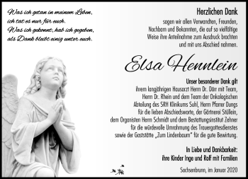 Traueranzeige von Elsa Hennlein von Südthüringer Presse