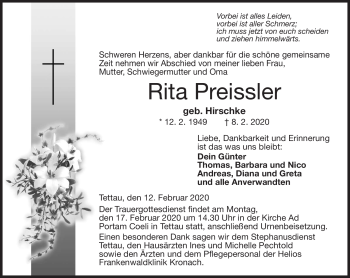 Traueranzeige von Rita Preissler von Neue Presse Coburg