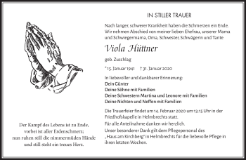 Traueranzeige von Viola Hüttner von Frankenpost