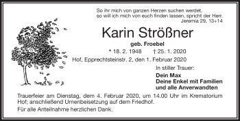 Traueranzeige von Karin Strößner von Frankenpost