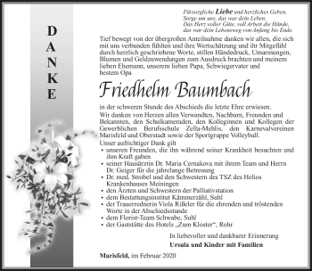 Traueranzeige von Friedhelm Baumbach von Südthüringer Presse