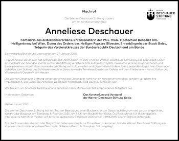 Traueranzeige von Anneliese Deschauer von Südthüringer Presse