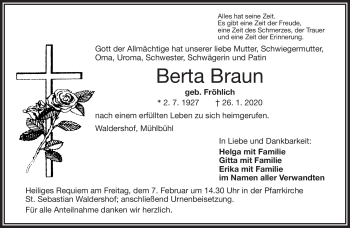 Traueranzeige von Berta Braun von Frankenpost