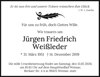 Traueranzeige von Jürgen Weißleder von Südthüringer Presse