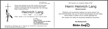 Traueranzeige von Heinrich Lang von Frankenpost