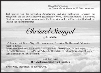 Traueranzeige von Christel Stengel von Südthüringer Presse