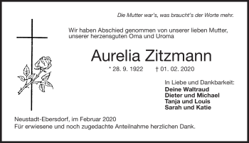 Traueranzeige von Aurella Zitzmann von Neue Presse Coburg