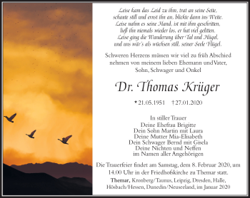 Traueranzeige von Thomas Krüger von Südthüringer Presse