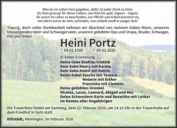 Traueranzeige von Heini Portz von Südthüringer Presse