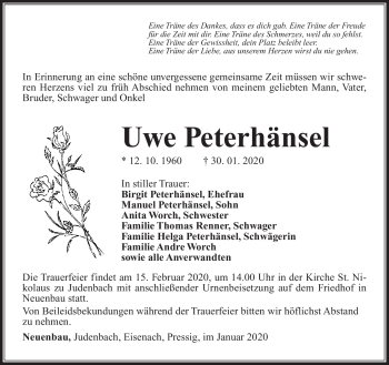 Traueranzeige von Uwe Peterhänsel von Südthüringer Presse