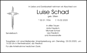 Traueranzeige von Luise Schad von Neue Presse Coburg