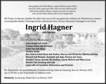 Traueranzeige von Ingrid Hagner von Südthüringer Presse