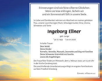 Traueranzeige von Ingeborg Ellner von Südthüringer Presse