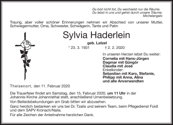 Traueranzeige von Sylvia Haderlein von Neue Presse Coburg