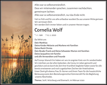 Traueranzeige von Cornelia Wolf von Südthüringer Presse