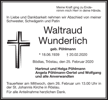Traueranzeige von Waltraud Wunderlich von Frankenpost