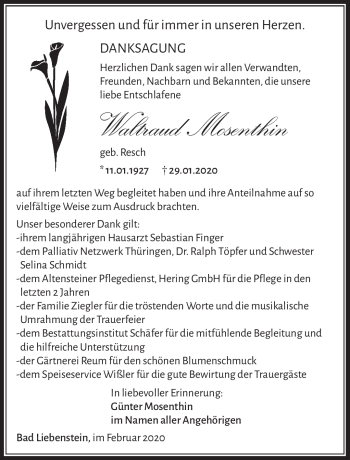 Traueranzeige von Waltraud Mosenthin von Südthüringer Presse