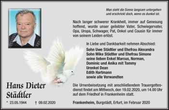 Traueranzeige von Dieter Städtler von Südthüringer Presse