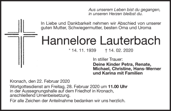 Traueranzeige von Hannelore Lauberbach von Neue Presse Coburg