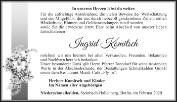 Traueranzeige von Ingrid Komitsch von Südthüringer Presse