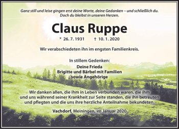 Traueranzeige von Claus Ruppe von Südthüringer Presse