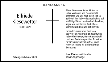 Traueranzeige von Elfriede Kiesewetter von Neue Presse Coburg