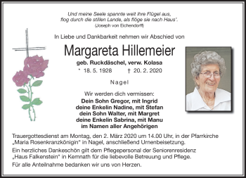 Traueranzeige von Margareta Hillmeier von Frankenpost