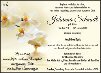 Traueranzeige von Johanna Schmidt von Südthüringer Presse