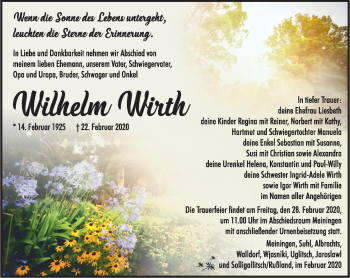 Traueranzeige von Wilhelm Wirth von Südthüringer Presse