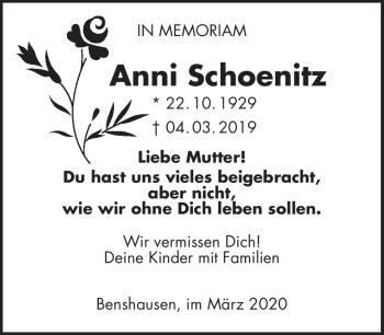 Traueranzeige von Anni Schoenitz von Südthüringer Presse