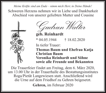 Traueranzeige von Gudrun Walter von Südthüringer Presse