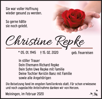 Traueranzeige von Christine Repke von Südthüringer Presse