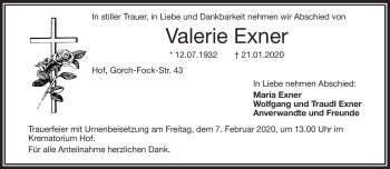 Traueranzeige von Valerie Exner von Frankenpost