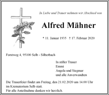 Traueranzeige von Alfred Mähner von Frankenpost