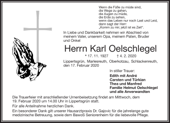Traueranzeige von Karl Oelschlegel von Frankenpost