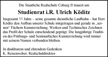 Traueranzeige von Ulrich Köditz von Neue Presse Coburg