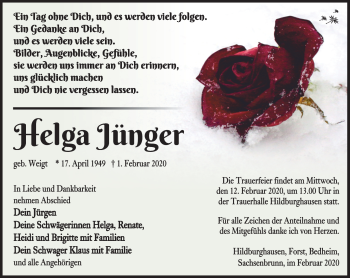 Traueranzeige von Helga Jünger von Südthüringer Presse