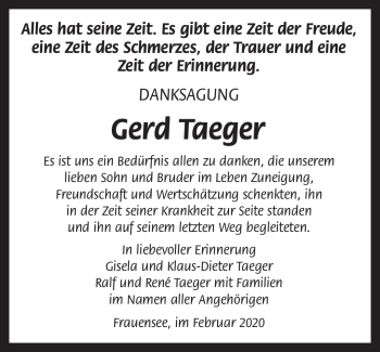Traueranzeige von Gerd Taeger von Südthüringer Presse