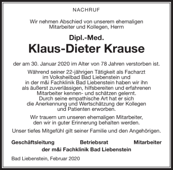 Traueranzeige von Klaus-Dieter Krause von Südthüringer Presse