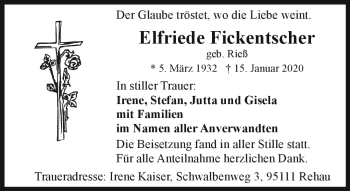 Traueranzeige von Elfriede Fickentscher von Frankenpost
