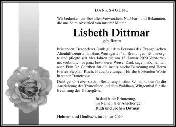 Traueranzeige von Lisbeth Dittmar von Südthüringer Presse